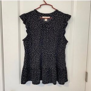 Monteau Women's Black and White Polka Dot Peplum Blouse Size Large Officewear